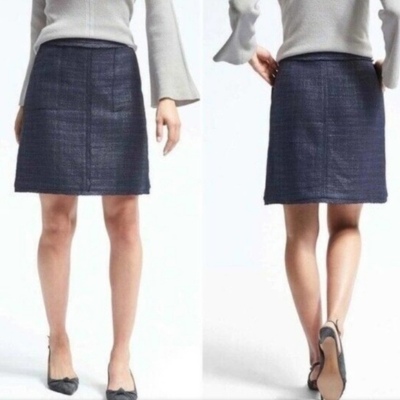 Banana Republic Mini Skirt A-line Tweed Cotton Pockets Navy blue Raw stitches 10 - Picture 1 of 13